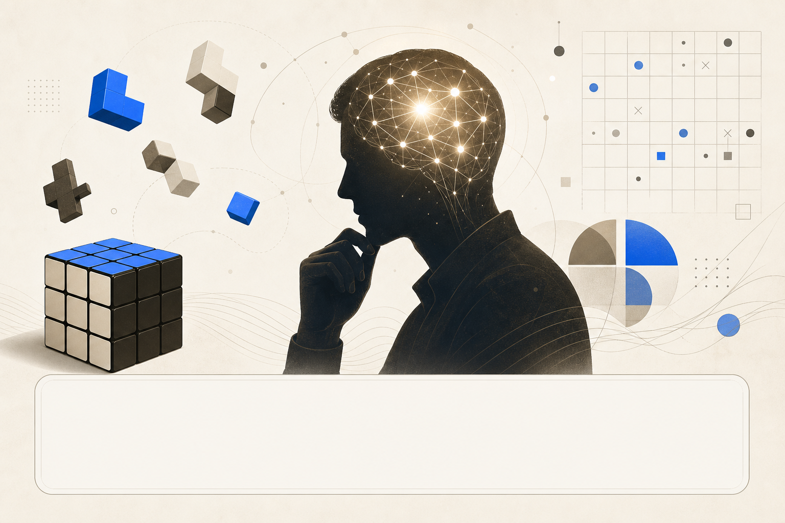 Abstract hero banner showing puzzle elements, geometric shapes, and a contemplative figure with glowing mind representing adult puzzle gaming