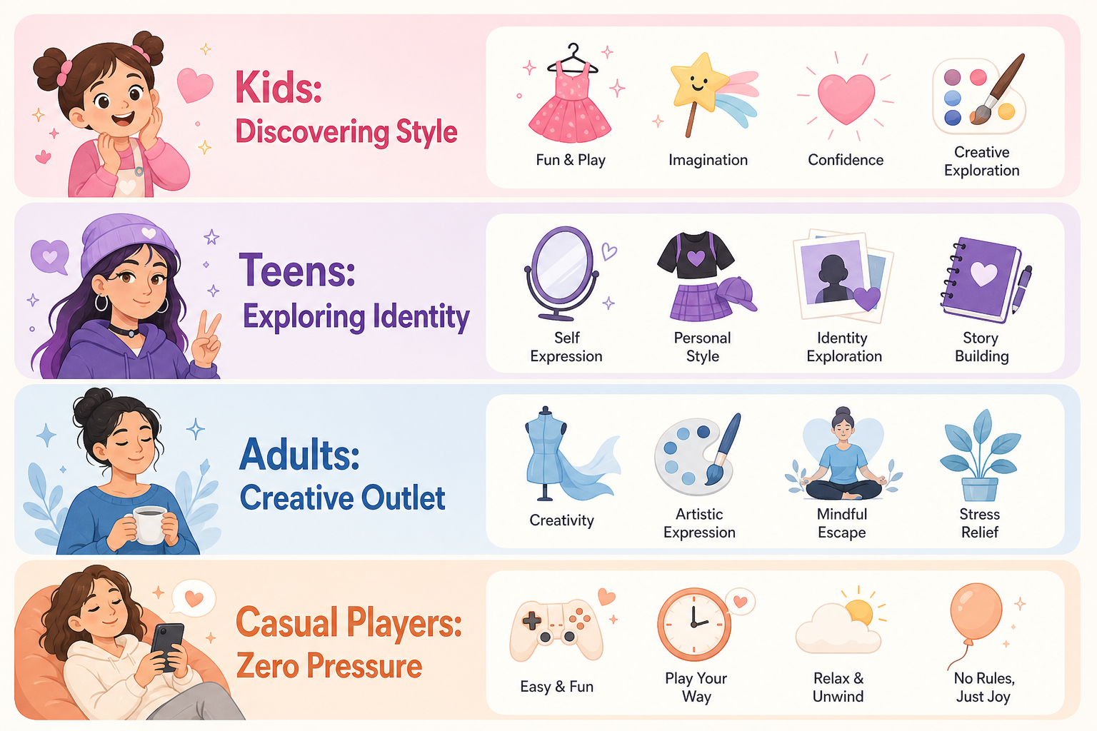 Infographic showing why dress-up games appeal across all age groups and player types