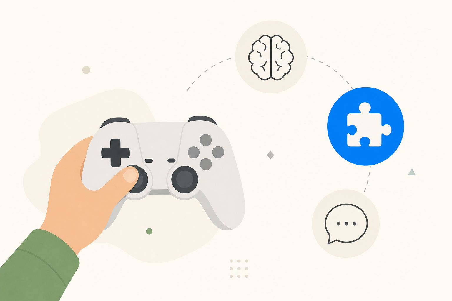 Flat illustration of a child's game controller with icons representing cognitive benefits like problem-solving and communication
