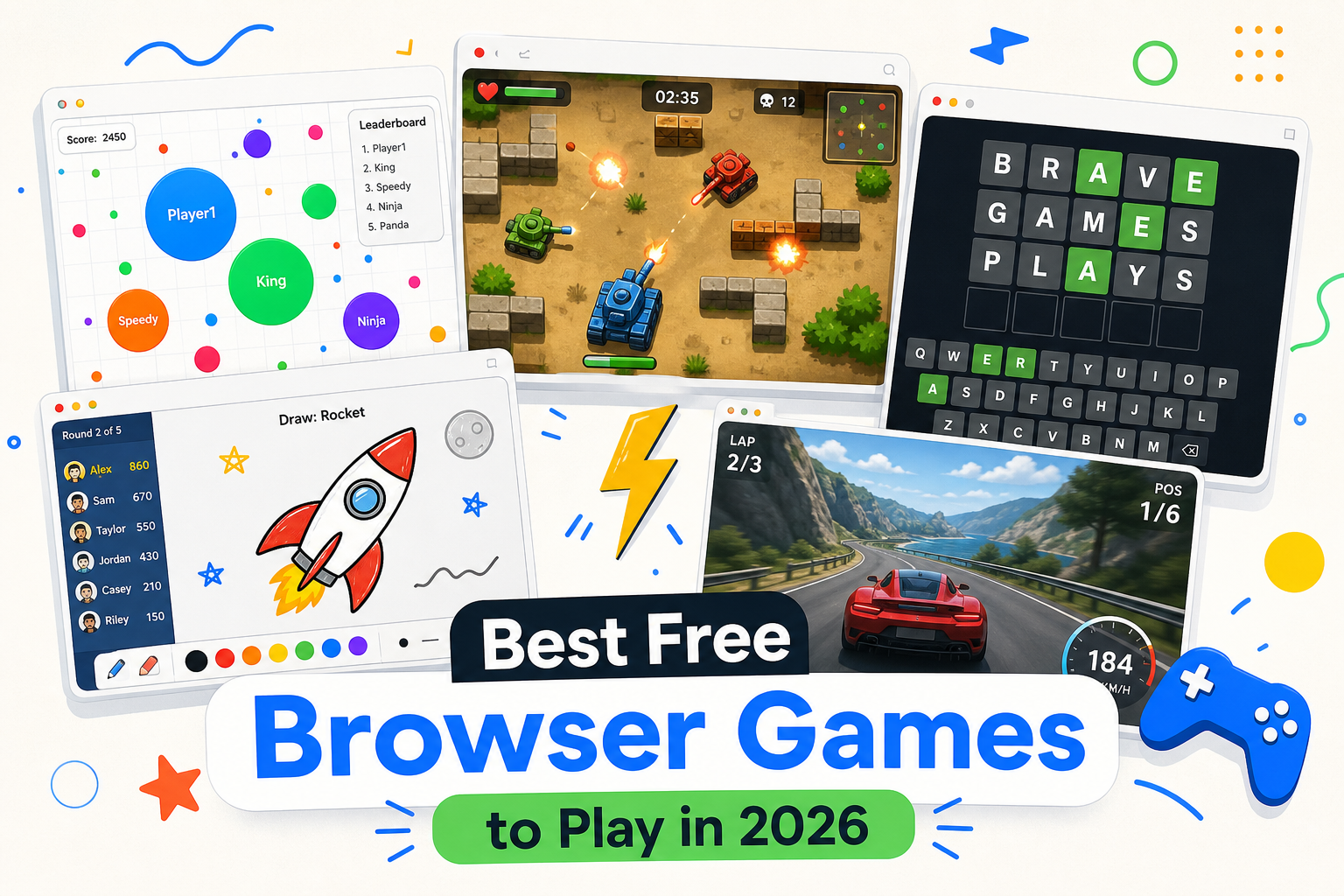 Collage of browser game interfaces including cell-eating game, tank shooter, word puzzle, drawing game, and racing game