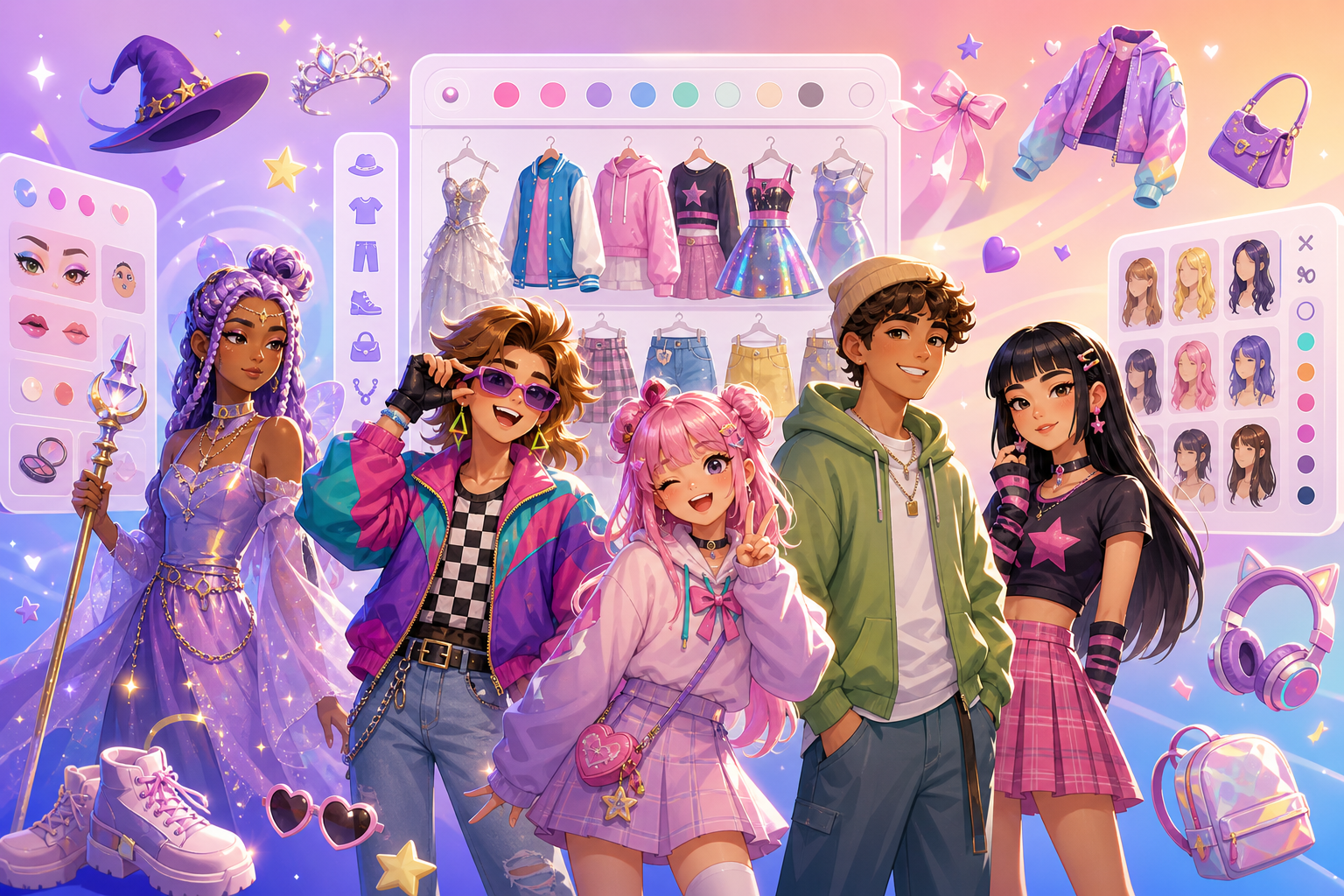Diverse characters with different fashion styles-fantasy, retro, anime, and casual wear-in a colorful digital wardrobe interface