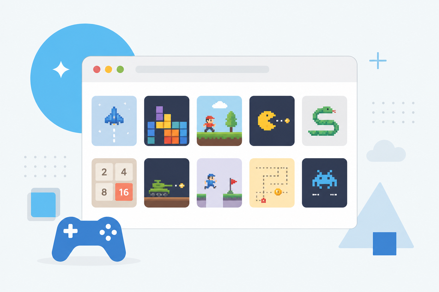 Colorful browser window showing a grid of free arcade games including tetromino blocks and classic arcade icons