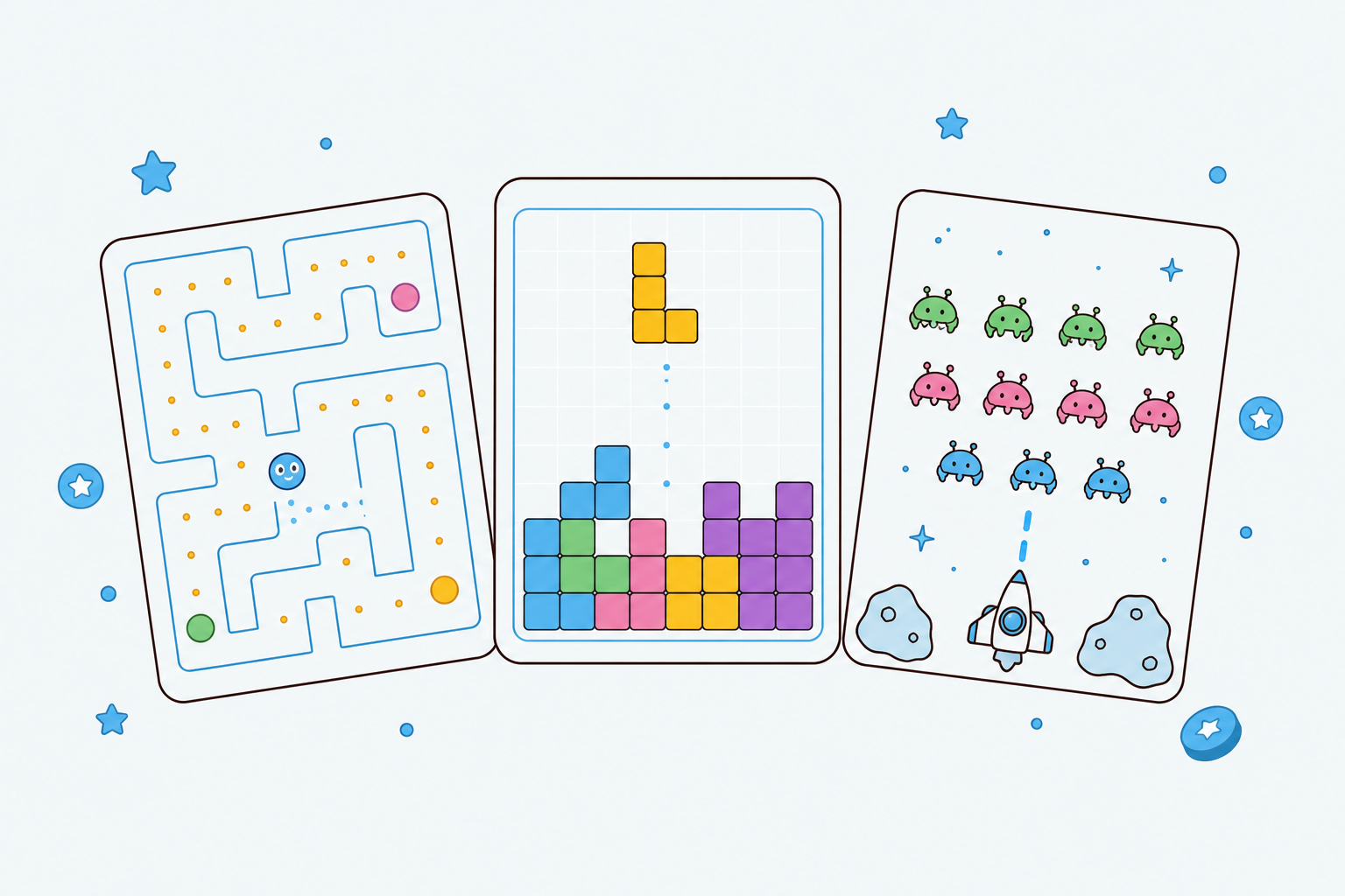 Three floating arcade game screens showing maze, puzzle, and space shooter games on a light background