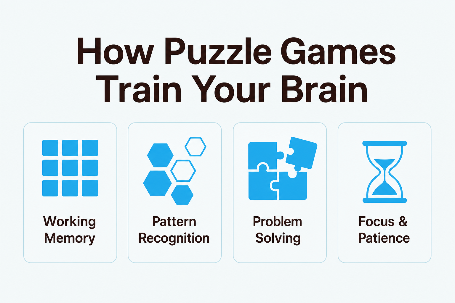 How browser puzzle games train four cognitive skills: working memory, pattern recognition, problem solving, and focus