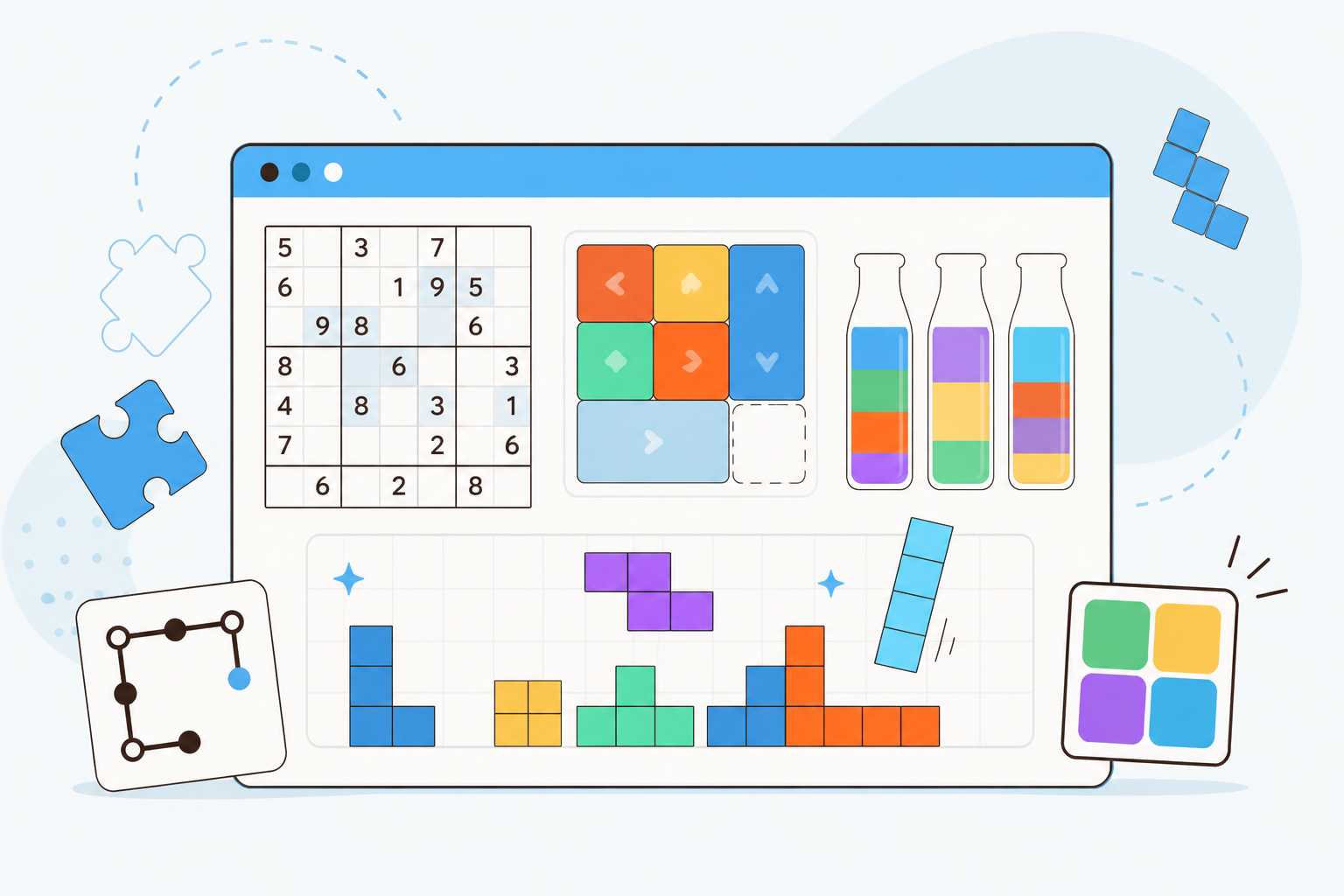 Flat illustration of browser puzzle games including sudoku, slide puzzle, and water-sorting flasks