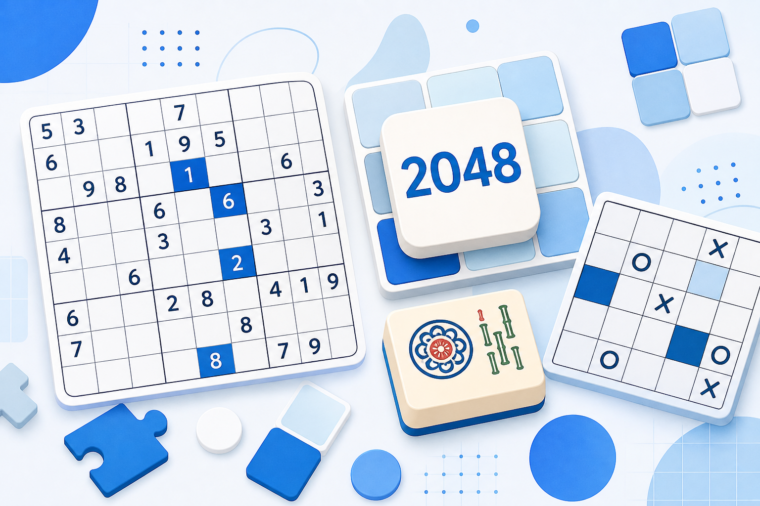 Colorful puzzle and logic game elements including a Sudoku grid, 2048 tile, and mahjong tile arranged in a clean editorial composition