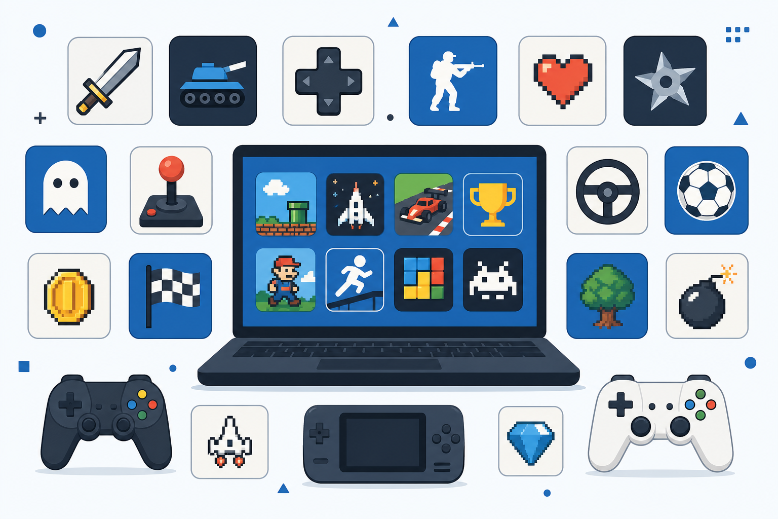 Flat illustration of a laptop with colorful game tiles and gaming icons on a light blue-gray background